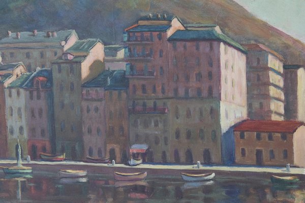 Port Scene with Fishing Boats and Mountains, 20th Century, Oil on