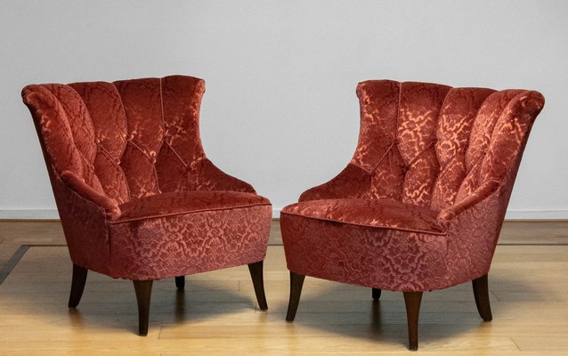 20th Century Napoleon III Armchairs in Velvet Jacquard Tone on