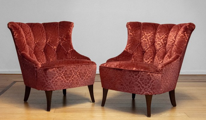 Fauteuil Crapaud Napoléon III – Velours Rouge Orangé, 1940, France