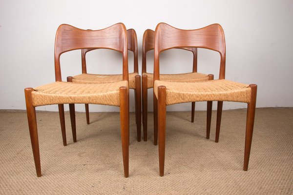 Danish Teak and Rope Chairs by Arne Hovmand Olsen for Mogens Kold, 1960s,  Set of 4 for sale at Pamono