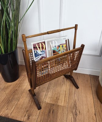 Mid-Century Italian Cane Rattan and Wood Magazine Rack, 1960s for