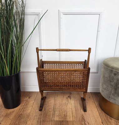 Mid-Century Italian Cane Rattan and Wood Magazine Rack, 1960s for