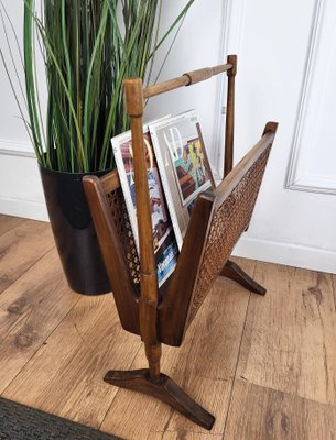Mid-Century Italian Cane Rattan and Wood Magazine Rack, 1960s for