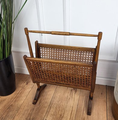 Mid-Century Italian Cane Rattan and Wood Magazine Rack, 1960s for