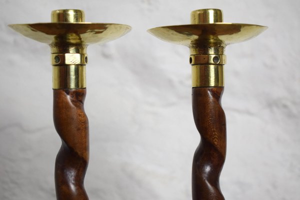 English Oak Barley Twist Candlesticks with Hammered Brass Cups
