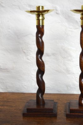 English Oak Barley Twist Candlesticks with Hammered Brass Cups