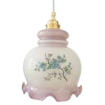 Vintage Opaline Hanging Lamp with Purple Flowers for sale at Pamono