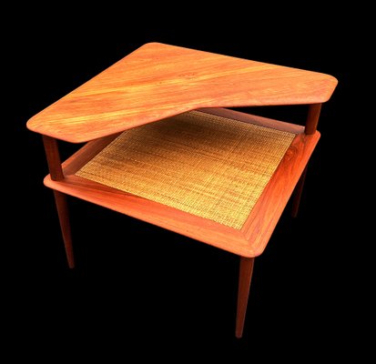 Two Tier Minerva Corner Table in Teak and Rattan by Peter Hvidt