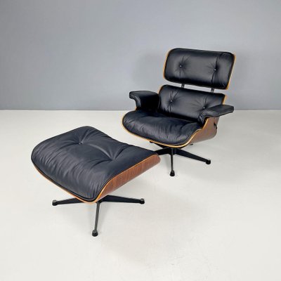 American Modern Black Leather Lounge Chair with Ottoman by Eames