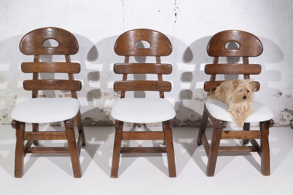 Spanish Brutalist Fishbone Chairs in Oak and Bouclé, 1960s, Set of