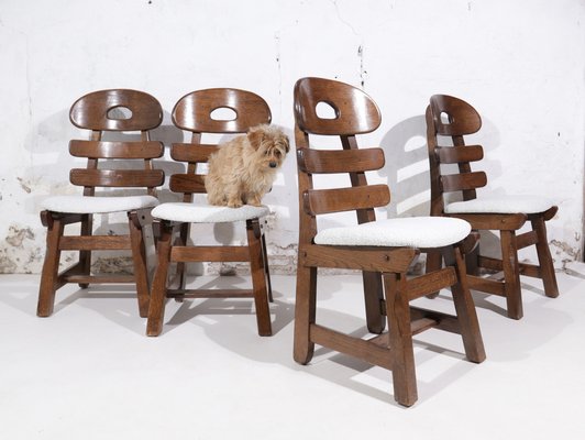 Spanish Brutalist Fishbone Chairs in Oak and Bouclé, 1960s, Set of