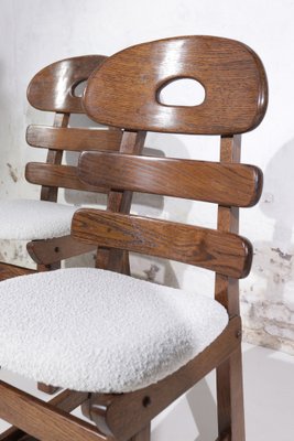 Spanish Brutalist Fishbone Chairs in Oak and Bouclé, 1960s, Set of
