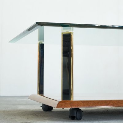 Jaguar Coffee Table in Bronze, Burl Wood and Beveled Glass from