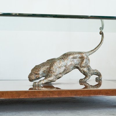 Jaguar Coffee Table in Bronze, Burl Wood and Beveled Glass from