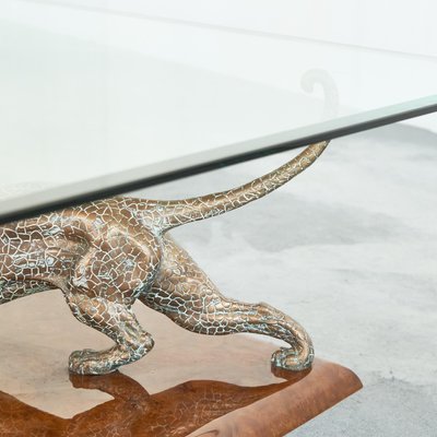 Jaguar Coffee Table in Bronze, Burl Wood and Beveled Glass from