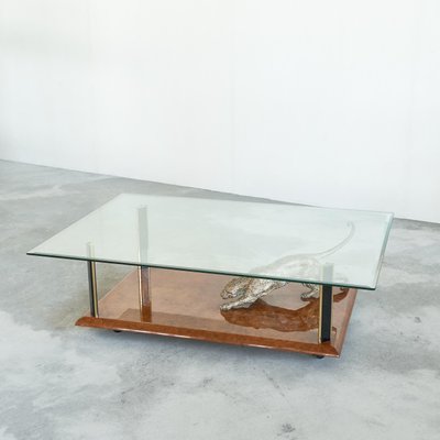 Jaguar Coffee Table in Bronze, Burl Wood and Beveled Glass from