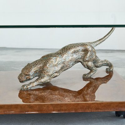 Jaguar Coffee Table in Bronze, Burl Wood and Beveled Glass from