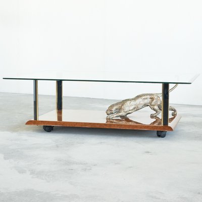 Jaguar Coffee Table in Bronze, Burl Wood and Beveled Glass from