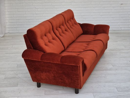 Danish 3 Seater Sofa in Brown Red Velour 1980s