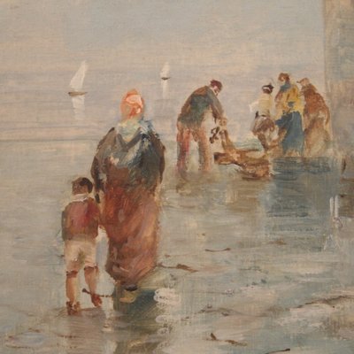 Blick auf den Markt am Meer, 1960, Öl auf Leinwand, Gerahmt