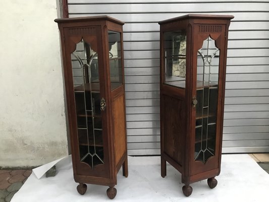 Oak Cabinets with Crystal Glass Doors 1932 Set of 2