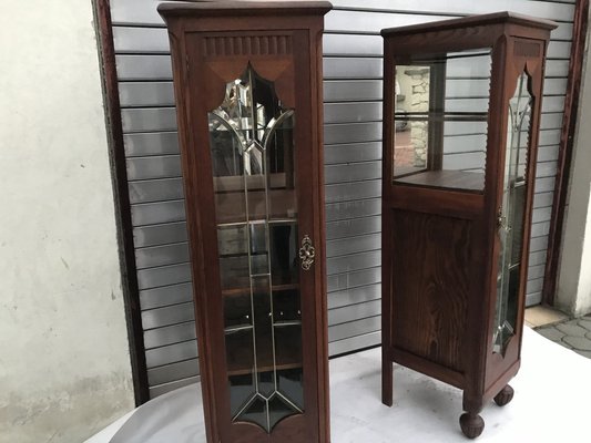 Oak Cabinets with Crystal Glass Doors 1932 Set of 2