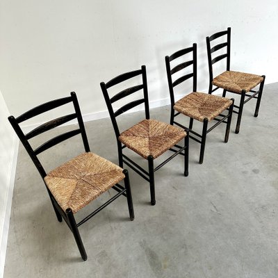 Mid Century Ladder Back Dining Chairs with Wicker Seats 1950s Set of 4