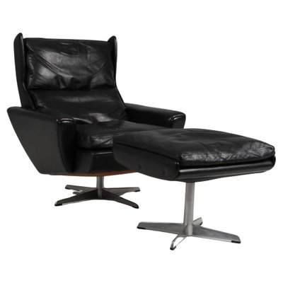 Swivel Lounge Chair with Ottoman in Black Leather from Georg Thams 1960s Set of 2