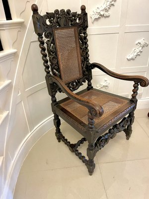 Large Antique Victorian Carved Oak Throne Chair 1880 for sale at Pamono