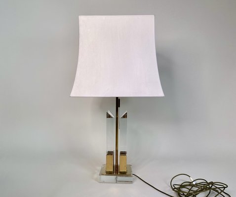 Large Italian Brass and Acrylic Glass Table Lamp with Integrated Light 1970s