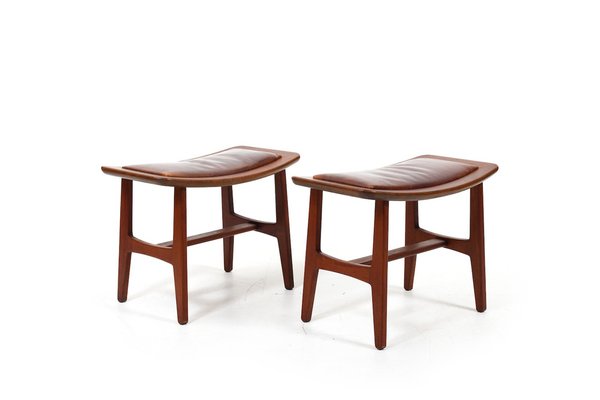 Danish Stools in Teak and Patinated Leather 1960s Set of 2 for