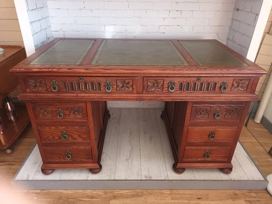 Vintage Carved Oak Writing Desk with Leather Top 1970s
