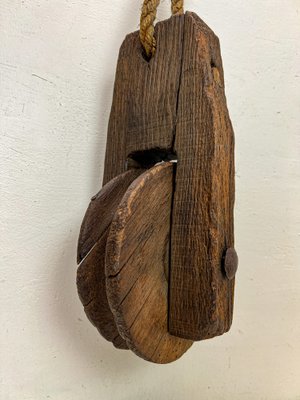Antique Rustic Weathered Wooden Pulley with Rope, 1890s for sale