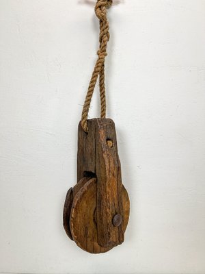 Antique Rustic Weathered Wooden Pulley with Rope, 1890s for sale