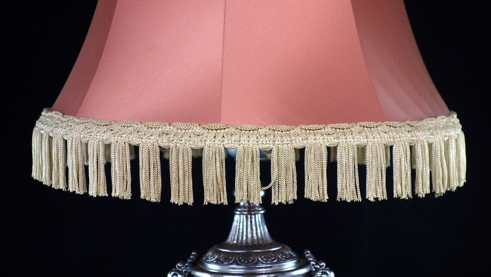 Art Deco Silvered Goats Rose Table Lamp with Pink Silk Lampshade