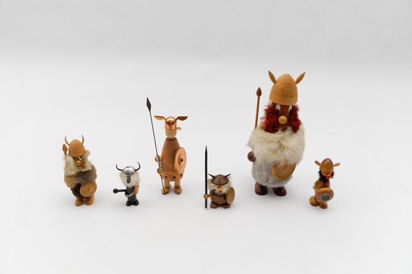 Vintage Scandinavian Wooden Vikings, 1950s, Set of 6 for sale at