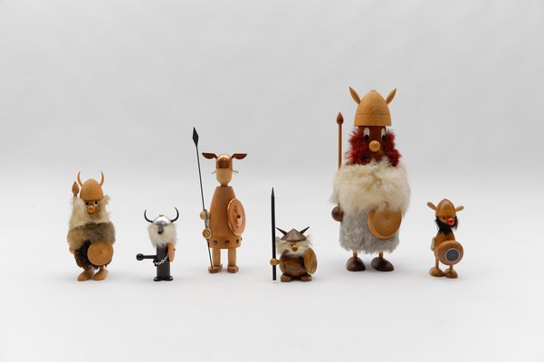 Vintage Scandinavian Wooden Vikings, 1950s, Set of 6 for sale at