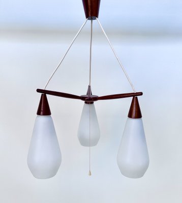 Danish Teak and Opaline Glass 3-Light Drop Hanging Lamp, 1950s for