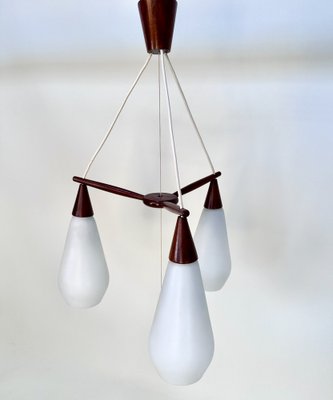 Danish Teak and Opaline Glass 3-Light Drop Hanging Lamp, 1950s for