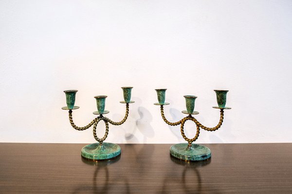 Brass Candleholders in Oxidized Brass, Italy, 1940s, Set of 2 for