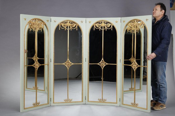 Screen Room Divider with Mirrors on Each Panel in Lacquered Wood and Gilt  Bronze, 1880