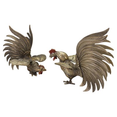 Bronze Sculptures of Fighting Roosters, Japan, 1950s, Set of 2 for 