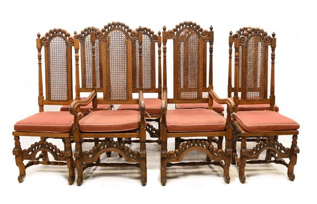 Jacobean Revival Farmhouse Oak Dining Chairs 1840s Set of 8