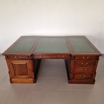 Double Sided Mahogany Chesterfield Partners Desk with Green Leather Top