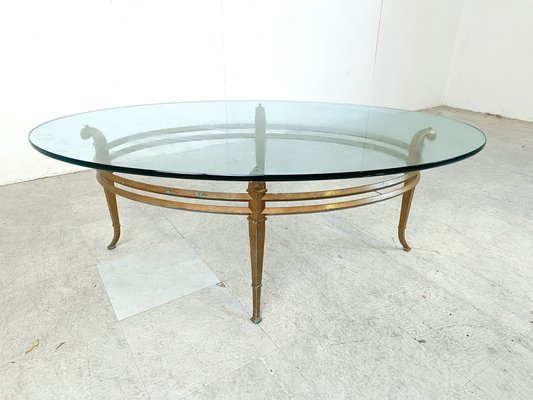 Vintage Golden Metal and Oval Glass Coffee Table 1970s