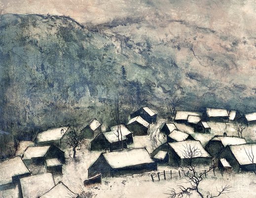 Bernard Gantner, Winter Landscape with Village, Color Lithograph