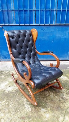 Chesterfield Rocking Chair in Wood Skai Italy 1960s