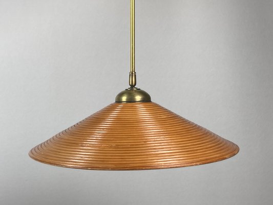 Pencil Split Reed Rattan Bamboo and Brass Pendant Lamp 1970s
