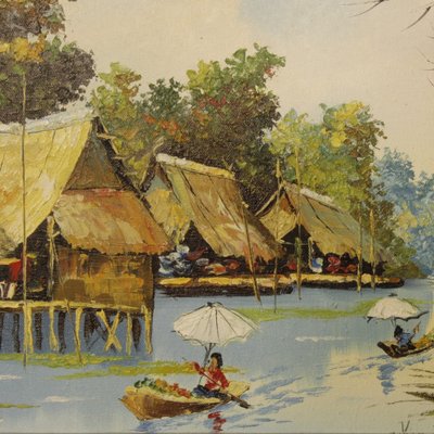 Asian Landscape with Figures, 1960, Oil on Canvas, Framed