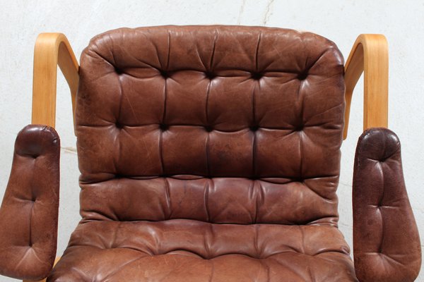 Swedish Mona Roto Swivel Chair in Beech and Cognac Colored Leather